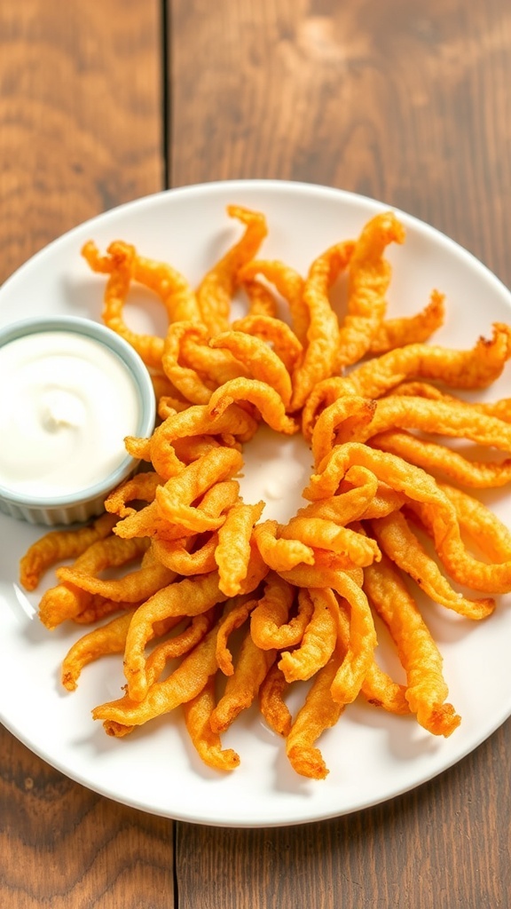 Crispy Onion Flower Recipe A crispy onion flower on a plate with ranch dressing for dipping, set on a rustic wooden table.